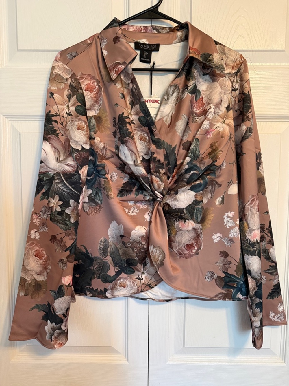 Rachel Zoe Rose-Print Satin Twist Front Blouse - Mauve & Floral